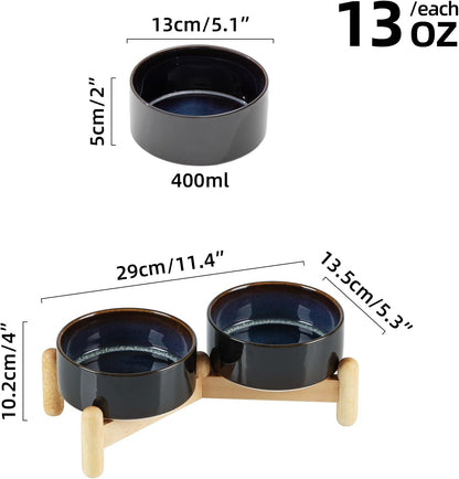 Ceramic 5.1inch Raised Double Bowls Set with Wooden Stand, Elevated Food & Water Bowls for Small Breed Dogs, Cats, Kitty, Weighted Dog Dishes, Pet Bowls(13.5oz, Starry Sky)
