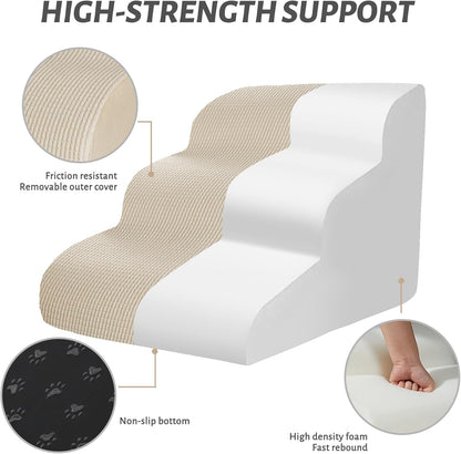 3-Step Dog Ramp and Stairs for Sofa and Chair - Non-Slip Sturdy Pet Steps for Small Dogs and Cats,15.7" H,Beige
