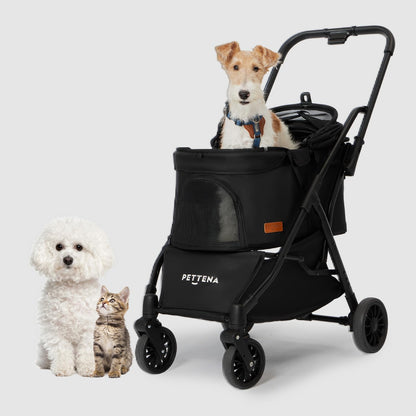 【One-Pull Open Ver.】 PETTENA One-Touch Foldable Dog Stroller for Small Dogs Cats up to 44 Lbs, Cat Stroller for 2 Cats, Large Space, Black