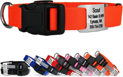 GoTags Personalized Dog Collar with Nameplate, Adjustable Dog Collar with Custom Engraved Slide On Pet ID Tag in Stainless Steel, Silent, No Noise Dog Tag for Large Medium and Small (Orange, Small)