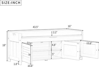 Storage Bench with 3 Shutter-Shaped Doors, Wood Shoe Bench with Removable Cushion and Hidden Storage Space for Entryway, Living Room, Hallway 43.5" L*16" W*18" H (Gray Wash Pine)