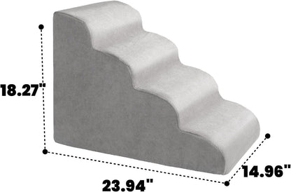 MEWANG Dog Stairs for Small & Medium Dogs and Old Cats –3/4/ 5 Steps High-Density Foam Pet Ramp for Bed & Couch, Non-Slip, Washable Cover, Grey (Round Corner, 4 Steps: 23.94''×18.27''×14.96'', 2)