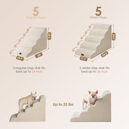 EHEYCIGA Curved Dog Stairs Ramp for High Beds, 5-Step Extra Wide Dog Steps for Small Dogs and Cats, Pet Stairs for High Bed Climbing, Non-Slip Balanced Pet Step Indoor, Beige