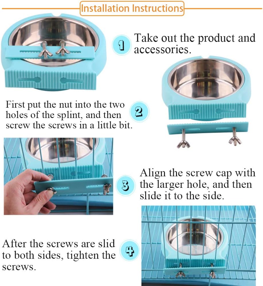 kathson Crate Dog Bowl, Removable Stainless Steel Hanging Pet Cage Bowl Food & Water Feeder Coop Cup for Cat, Puppy, Birds, Rats, Guinea Pigs (2pcs(Pink,Blue))