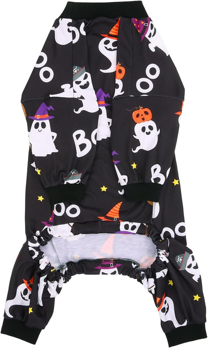 HDE Dog Pajamas One Piece Jammies Jumpsuit Pet Clothes Outfit Stretchy Lightweight Comfy Shirt Pjs for M-3XL Dogs Cute Ghosts - XL
