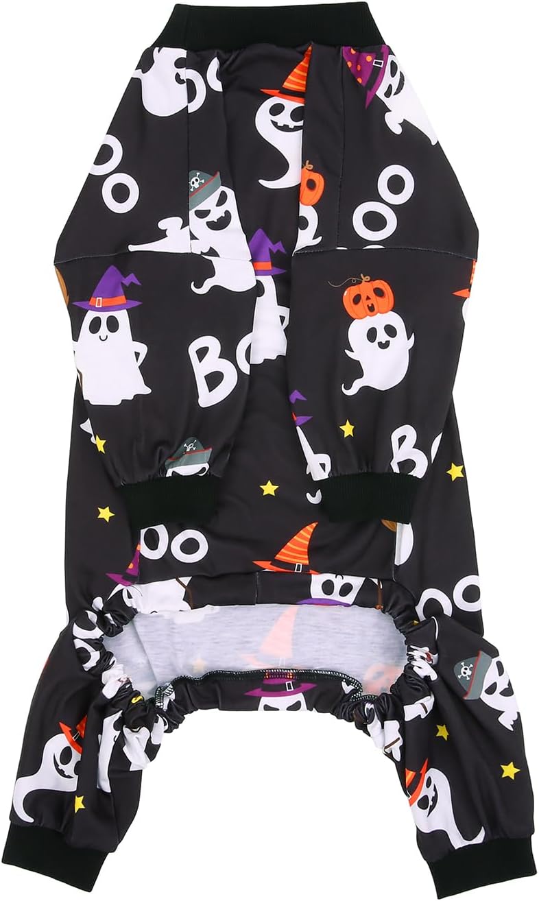 HDE Dog Pajamas One Piece Jammies Jumpsuit Pet Clothes Outfit Stretchy Lightweight Comfy Shirt Pjs for M-3XL Dogs Cute Ghosts - L