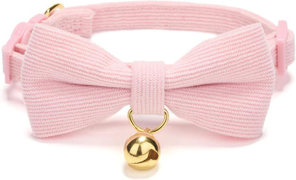 2 Pack Soft Corduroy Cat Collars with Bow Tie & Bell, Adjustable Breakaway Cotton Kitty Bowtie Collar for Female Male Cats(Grass Green & Pink)