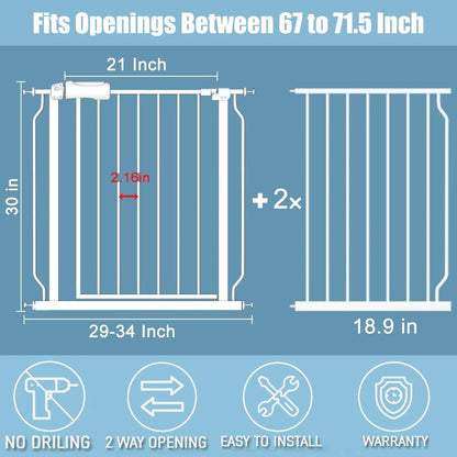 Extra Wide Large Baby Gate 67-71.5 Inch Automatic Close Pet Dog Gates for Stairs Doorways Pressure Mount Child Safety Gate for Walk Through Kids or Pets