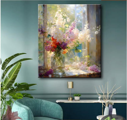 Colorful Flower Framed Canvas Wall Art, Watercolor Floral Bathroom Wall Decor, Spring Nature Wall Painting, Multicolor Botanical Art Print for Living Room, Bedroom, Office - 12X15