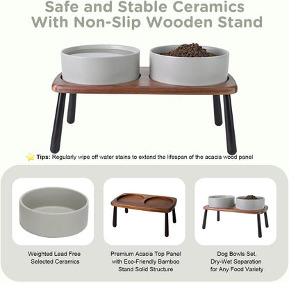 SPUNKYJUNKY Ceramic Elevated Dog Bowls Raised with Acacia Bamboo Wooden Stand, 8.3'' Dog Food Water Bowls Set Non-Slip for Medium Large Sized Breed Microwave Dishwasher Safe - 60 OZ,Grey
