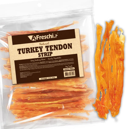 Afreschi Natural Turkey Tendon Strip 10oz, USA-Sourced Turkey Tendon, All Natural Puppy Chew, Hypoallergenic, Rawhide Alternative
