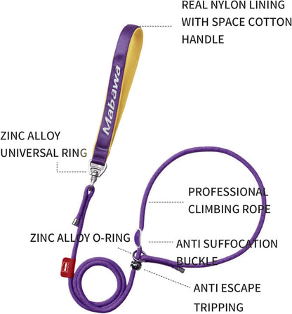 Dog Anti-Slip Leash 5FT with Metal Stopper - Durable No-Pull Training Lead for Small, Medium & Large Dogs - Comfortable Handle Nylon Rope, Tangle-Free Pet Walking Leash (Purple, 5 FT)