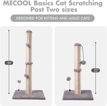 MECOOL 34“ Tall Cat Scratching Post Premium Basics Kitten Scratcher Sisal Scratch Posts Trees with Hanging Ball for Indoor Cats, Gray