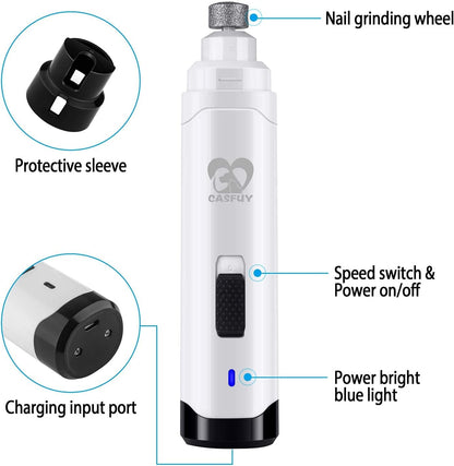 Casfuy Dog Nail Grinder Upgraded - Professional 2-Speed Electric Rechargeable Pet Nail Trimmer Painless Paws Grooming & Smoothing for Small Medium Large Dogs & Cats (White)