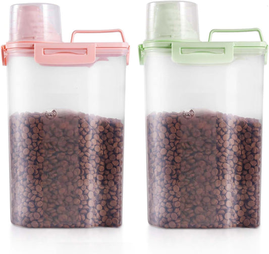 SenseYo 2 Pack 2.5lb Pet Food Storage Container with Measuring Cup, 3L Cat Food Storage Container Dog Food Storage BPA Free for Small Dog, Cat, Bird (Pink, Green)
