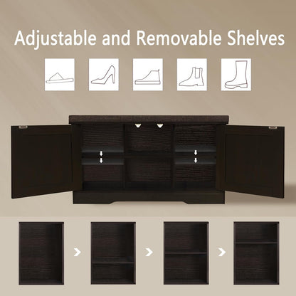 DINZI LVJ Shoe Bench, Entryway Storage Bench with Doors, Cushion, 2-Tier Shoe Rack with 6-Cubby, 31.5”L x 13.8”W Shoe Organizer Cabinet, Adjustable Shelf, Living Room, Bedroom, Espresso