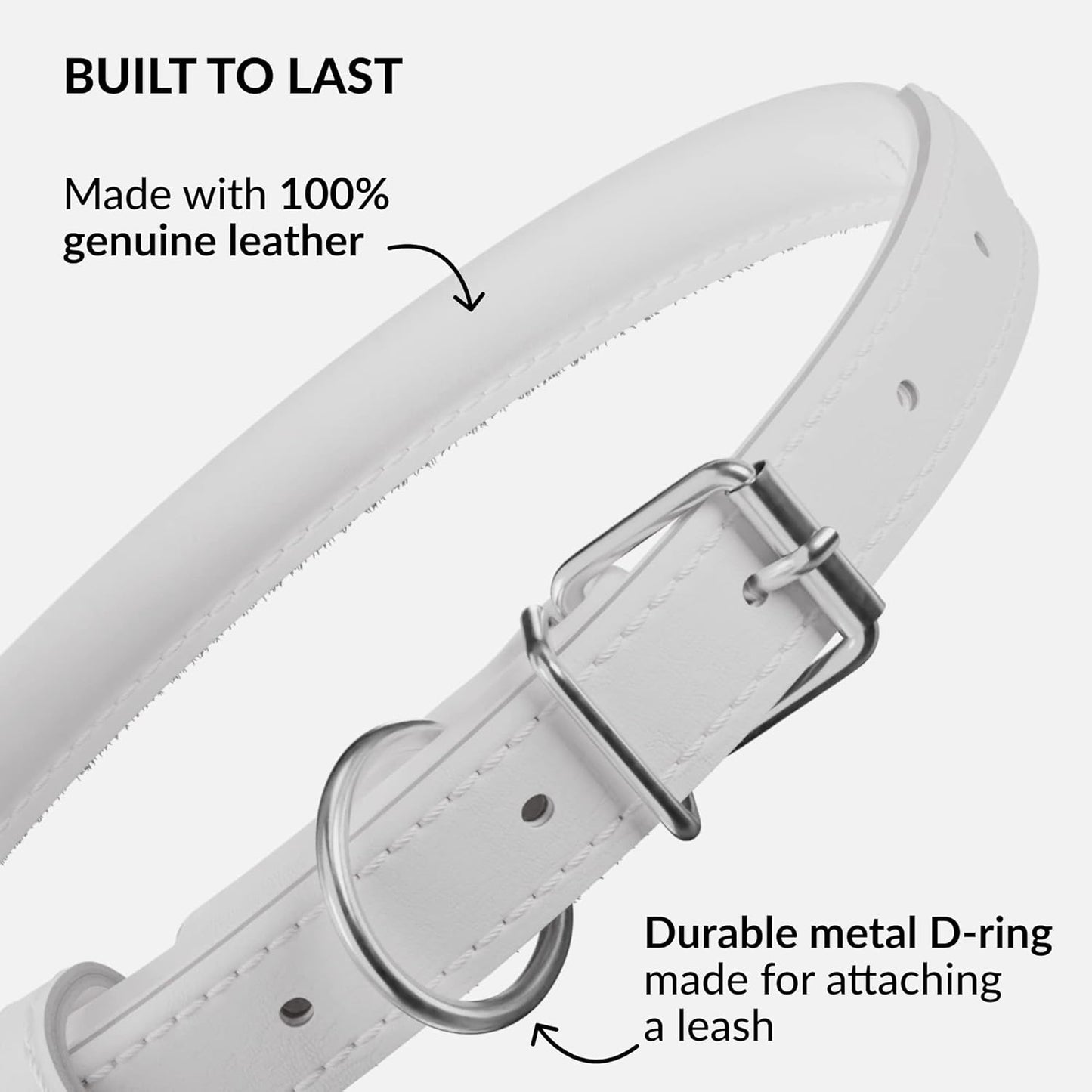 CollarDirect Rolled Leather Dog Collar, Soft Padded Round Puppy Collar, Handmade Genuine Leather Collar Dog Small Large Cat Collars 13 Colors (6-7 Inch, White Smooth)