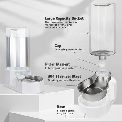 Sfozstra Large Dog Water Dispenser: 9L Automatic White Water Feeder with Stainless Steel Bowl - with Filter - Gravity Design for Multiple Pets Indoor/Outdoor