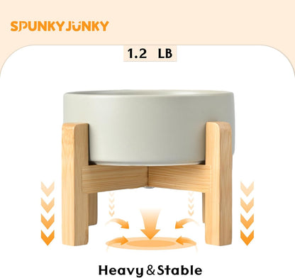 SPUNKYJUNKY Ceramic Elevated Dog Bowls 2 Pack - 5.1inch Raised Dog Bowls with Non-Slip Wooden Stand for Small Dogs Dishwasher Safe(Grey,13.5OZ*2)