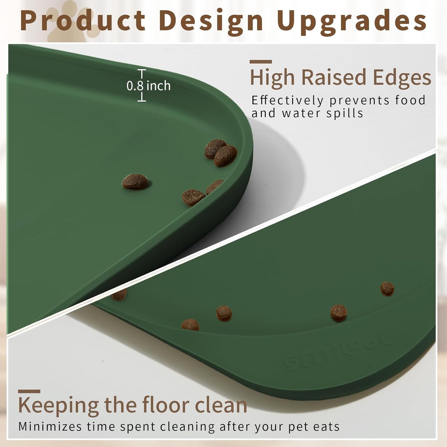 Silicone Pet Feeding Mat with Raised Edge & Residue Collection Pocket for Food and Water, Dog Bowl Mats, Cat Bowls Placemat with High Lip for Floor Waterproof, 24 x 16 x 0.8 Dark Olive