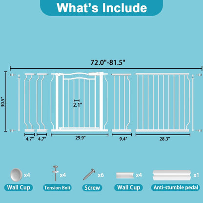 Extra Wide Dog Gate for Doorways 72-81.5 in, Walk Through Long Baby Gates for Large Openings, No Drill Child Safety Gate for Pets Kids Toddler, Doggy Barrier Indoor Metal, 30" Tall White