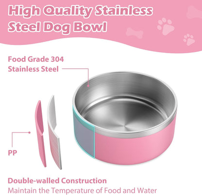 LIANLAI Dog Bowls, Rust-Resistant Stainless Steel Dog Bowls, Non-Slip Double-Walled Pet Dishes, Dishwasher Safe (Pink，40 oz)