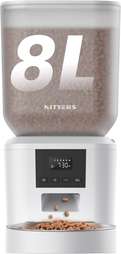 Automatic Dog Feeder - 8L/34 Cups Large Capacity Automatic Cat Food Dispenser with LCD Screen, Large Food Tray, Battery Operated, Timed Cat Feeder, Up to 50 Portions 6 Meals Per Day, Keeps Fresh