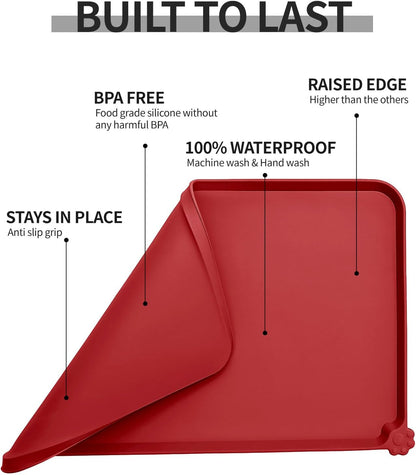 Waterproof Pet Feeding Mat with High Raised Edges, Heavier and Thicker Placemats for Cat Dog Water Bowl with BPA Free, Dogs Cats Food Mats for Messy Drinkers to Prevent Spill and Protect Floors