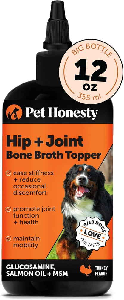 Dog Joint Supplement with Salmon Oil for Dogs - Ease Stiffness, Reduce Discomfort & Support Joint Mobility Liquid Supplement, Dog Food Topper Bone Broth with Glucosamine for Dogs (12 oz)