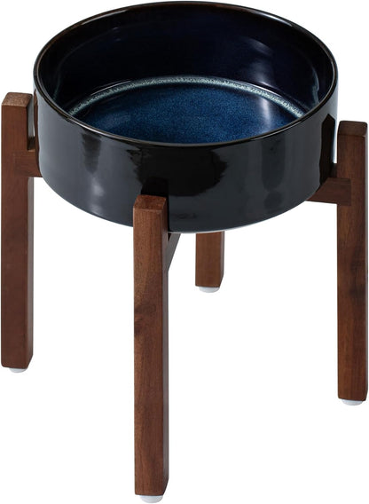 Ceramic 8.2inch Raised Dog Bowl Set, Elevated with Acacia Wood Stand, Food and Water Bowl for Large Breed Dogs, Weighted Pet Dishes(60oz, Starry Sky)