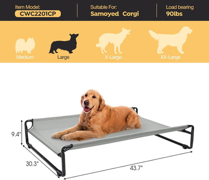 Veehoo Original Outdoor Elevated Dog Bed, Cooling Raised Dog Cot for Large Dogs, Portable Standing Pet Hammock Platform with Washable Breathable Mesh, No-Slip Feet, Large, Grey, CWC2201