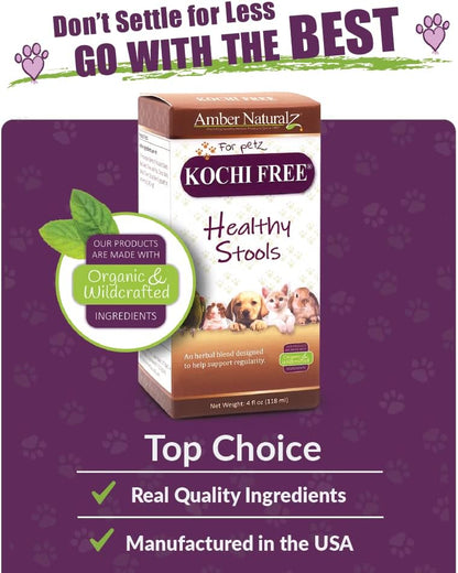 Amber NaturalZ Kochi Free Herbal Supplement for Dogs, Cats, Birds, Rabbits, and Guinea Pigs | Supports Healthy Bowel Function | Natural Aid for Digestive Balance | 4 Fluid Ounce Glass Bottle