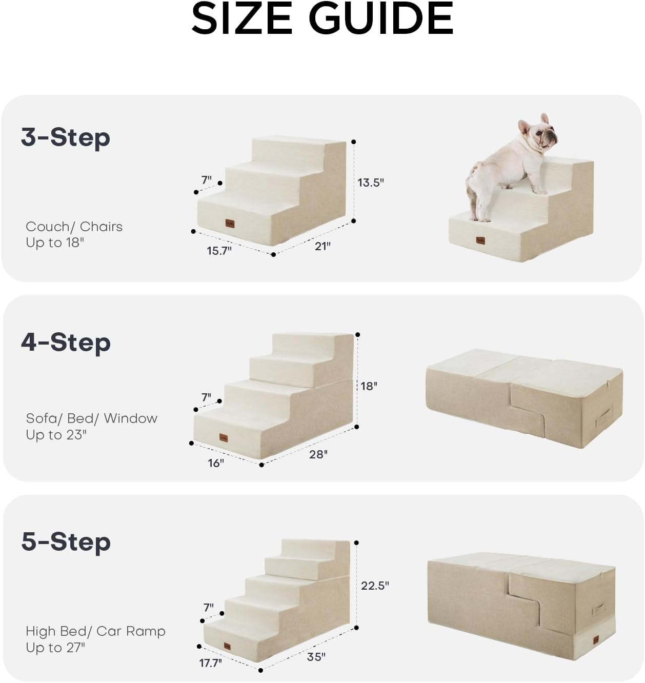 Made4Pets Dog Stairs for High Bed, Extra Wide Pet Stairs for Bed Couch Sofa, 35D Foam Pet Steps for Small Dogs and Cats, Non-Slip Bottom Dog Steps, Beige, 5 Steps
