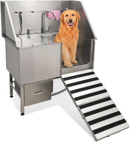 50" Dog Washing Station, Professional Stainless Steel Pet Dog Bathing Station with Ramp, Faucet, Storage Drawer, Floor Grate Dog Bathtub for Large, Medium, Small Pets (Right Ramp)
