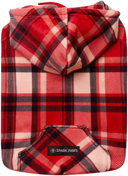 Spark Paws Dog Hoodie – Premium Dog Sweater for Small, Medium, and Large Dogs | Warm Outfits for French Bulldogs, Pitbull, Puppy, Winter Jacket Alternative - Red Plaid, M