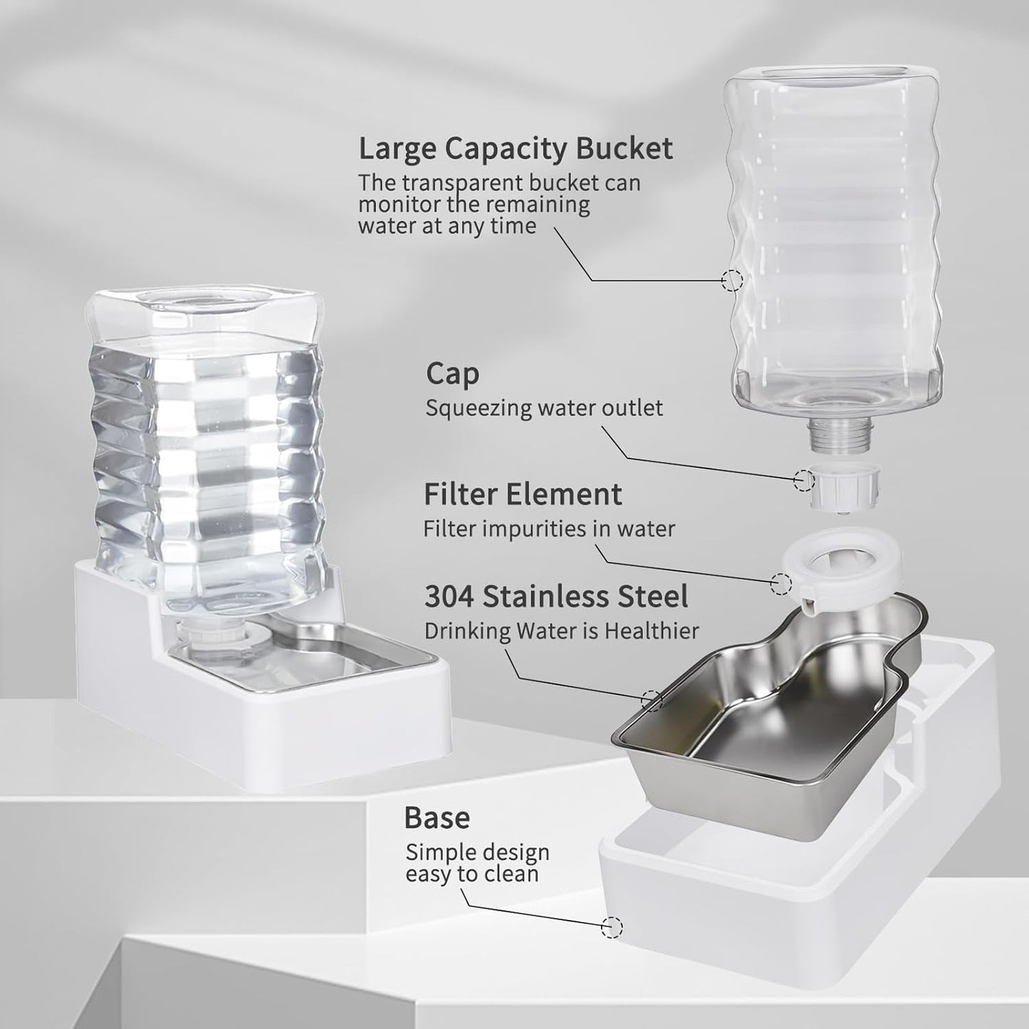 Dog Cat Water Dispenser: 8L White Upgraded Gravity Feeder with Stainless Steel Bowl - BPA-Free Large Capacity for Medium/Large Pets - Indoor & Outdoor Use