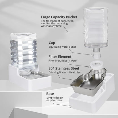 Automatic Dog and Cat Dispenser: 8L White Gravity Feeder with Stainless Steel Bowl - BPA-Free - No Spill Design for Cats and Dogs - Indoor and Outdoor Hydration