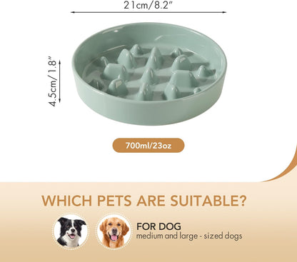 Ceramic 8.2 inch Dog Bowl Slow Feeder, Slow Pet Food Dish for Medium and Large Dog, Stop Bloat, Preventing Choking(Single Bowl, Light Green)