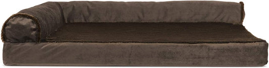 Furhaven Cooling Gel Dog Bed for Large/Medium Dogs w/ Removable Bolsters & Washable Cover, For Dogs Up to 55 lbs - Plush & Velvet L Shaped Chaise - Sable Brown, Large