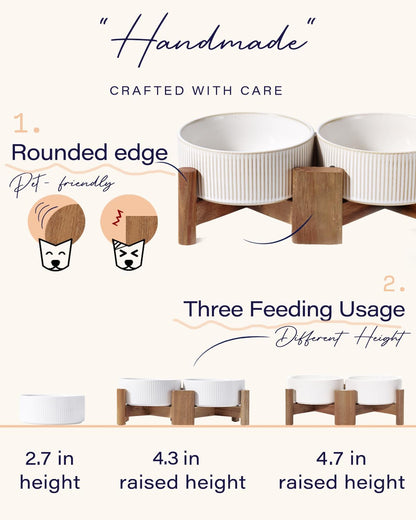 Getstar Ceramic Dog Bowls with Acacia Wood Stand, 30 fl oz, Set of 2, Dog Food Bowl, Cat Bowls (6.5 inches) (Vintage White)