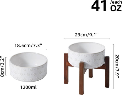 7.3inch Ceramic Raised Dog Bowl Set, Elevated with Acacia Wood Stand, Food and Water Bowl for Medium Breed Dogs, Weighted Dog Dishes, Pet Bowl(41OZ, Arctic White)