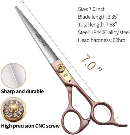 Fenice Peak 7'' Dog Straight Scissors for Grooming 440C Stainless Steel Rose Gold Professional Pet Trimming Scissors Sharp Blades Cutting for Dogs and Cats Shears