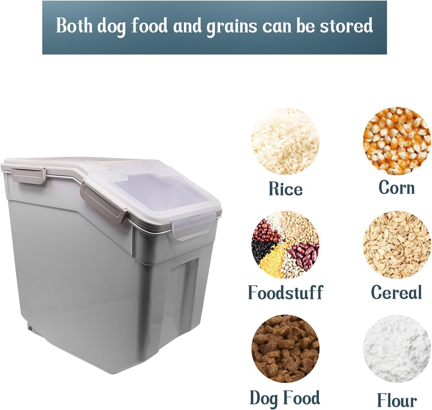 AnRui Rice Storage Container 50LB, Airtight Flour Storage Containers, Plastic Cereal Grain Dispenser Organizer Pet Food Storage Bin with Lid, Measuring Cup, Scoop, Gray, 2Pcs(Total Capacity:100LBS)