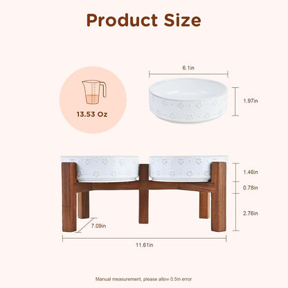SPUNKYJUNKY Ceramic Dog Bowls Dog Bowl Set with Acacia Wood Stand Raised Dog Bowl Dog Food and Water Bowl for Small Medium Sized Dog (Shallow, 15.5cm)