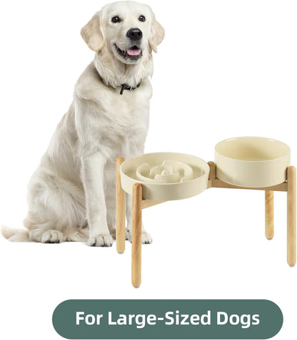 Ceramic Raised Slow Feeder Dog Bowl Set, Elevated 8.2inch Bowl and 9.5inch Puzzle Slow Food Dish with Wooden Stand for Large Dog, Anti-Gulping (2X Beige+ Stand)