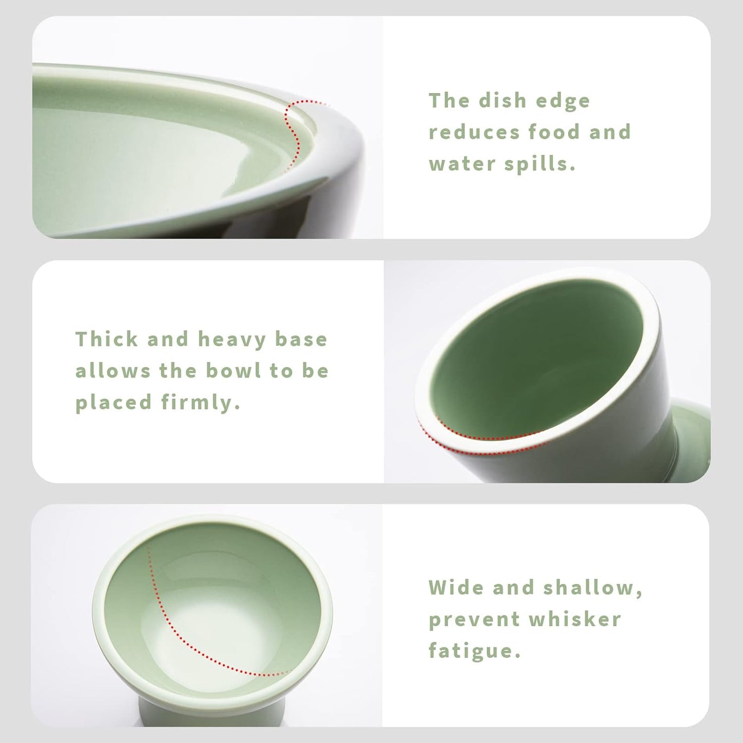 Extra Wide Elevated Ceramic Cat Bowl, 6.2" Shallow Dish for Whisker Fatigue Relief, 5" Height for Easy Feeding, Durable Raised Cat Food Bowls, Pack of 2, Sage Green