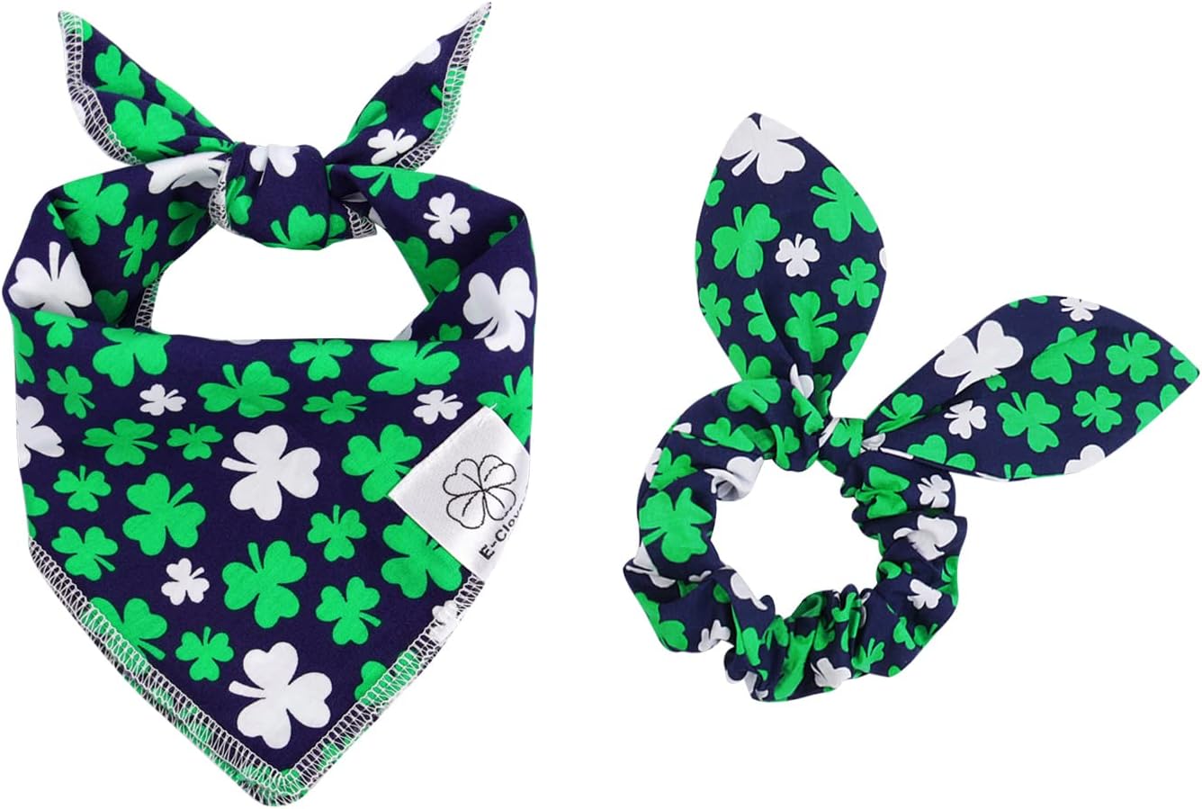 E-Clover Dog Bandana Boy & Matching Scrunchie Set Shamrock Lucky Dog Bandanas Scarf with Bow Hair Ties for Small Puppy Dogs Pet Owner Mom Green Blue