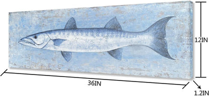 Yihui Arts Blue and White Fish Canvas Wall Art – Coastal Paintings with Textured for Living Room Bedroom Bathroom Decor