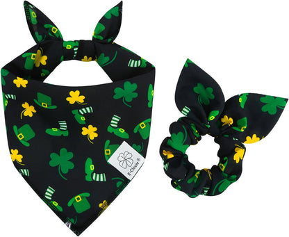E-Clover Dog Bandana Boy & Matching Scrunchie-Shamrock Dog Bandanas Irish Pet Scarf Bib for Medium Large Dogs Girl Owner Gift Dark Green