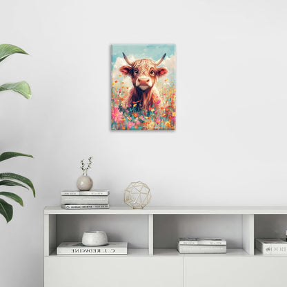 Highland Cow Wall Art Canvas Flower Cattle Wall Decor Prints Framed Painting Animal Pictures Gifts Artwork for Bathroom Living Dining Kitchen 12"x16"